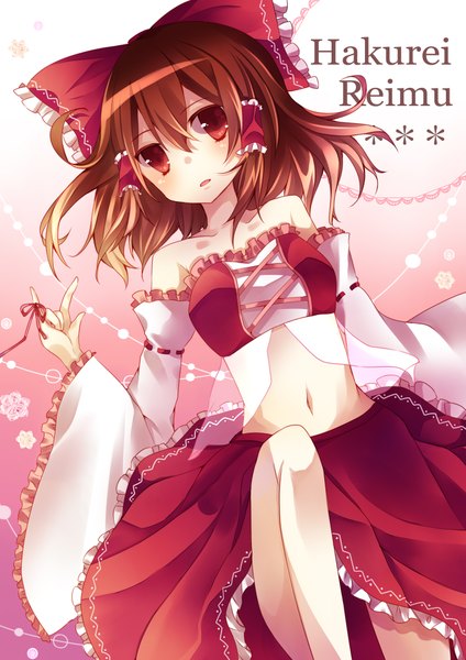 Anime picture 2893x4092 with touhou hakurei reimu kusada souta single tall image highres short hair red eyes brown hair girl skirt navel bow hair bow detached sleeves skirt set thread red thread