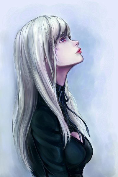 Anime picture 1600x2400 with original early type single long hair tall image fringe simple background purple eyes silver hair profile lips looking up lacing makeup white skin girl dress black dress