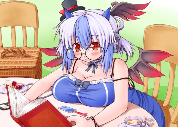 Anime picture 1400x1000 with touhou ipod tokiko (touhou) asamura hiori blush short hair breasts light erotic red eyes large breasts multicolored hair streaked hair head wings breast rest girl dress wings glasses sweets headphones