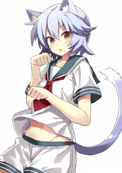 Anime picture 708x1000 with kantai collection tama light cruiser kuhotaka single tall image looking at viewer blush short hair open mouth simple background white background brown eyes animal ears blue hair tail animal tail cat ears bare belly cat girl cat tail