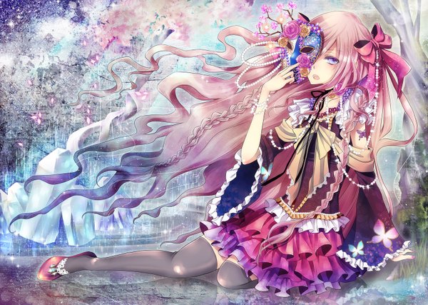 Anime picture 1500x1069 with original yuzuki kiririi single looking at viewer blush open mouth sitting purple eyes pink hair very long hair tattoo girl thighhighs skirt flower (flowers) ribbon (ribbons) black thighhighs plant (plants) hair ribbon petals