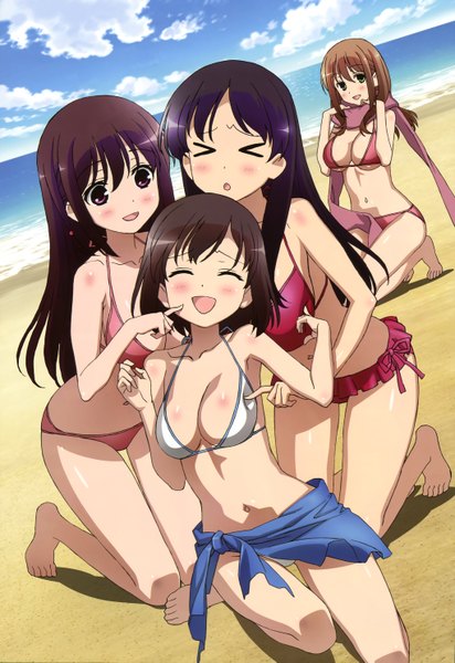 Anime picture 4085x5937 with saki nyantype onjouji toki shimizudani ryuuka matsumi kuro matsumi yuu long hair tall image blush highres breasts light erotic brown hair purple eyes multiple girls green eyes absurdres purple hair eyes closed official art