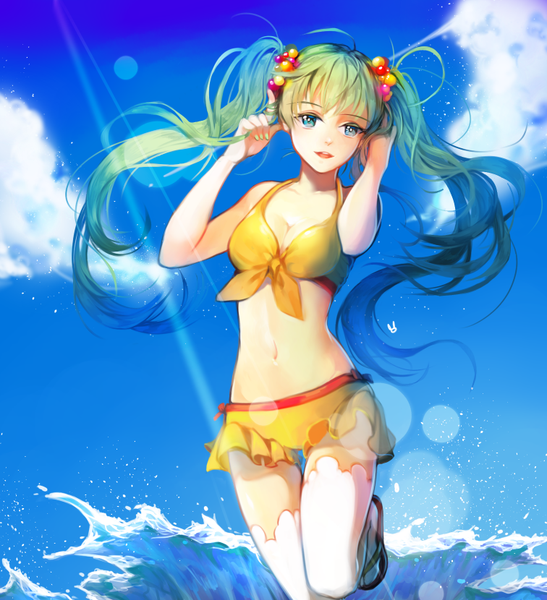 Anime picture 756x830 with vocaloid hatsune miku chico907 single tall image fringe breasts open mouth smile standing bare shoulders sky cloud (clouds) ahoge bent knee (knees) very long hair nail polish aqua eyes sunlight aqua hair