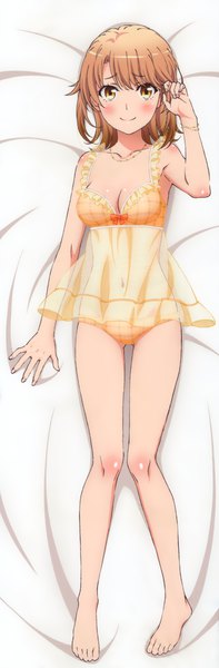 Anime picture 2188x6637 with yahari ore no seishun love comedy wa machigatteiru. brains base (studio) isshiki iroha tanaka yuuichi single tall image looking at viewer blush highres short hair breasts light erotic smile brown hair brown eyes full body barefoot underwear only dakimakura (medium) body blush