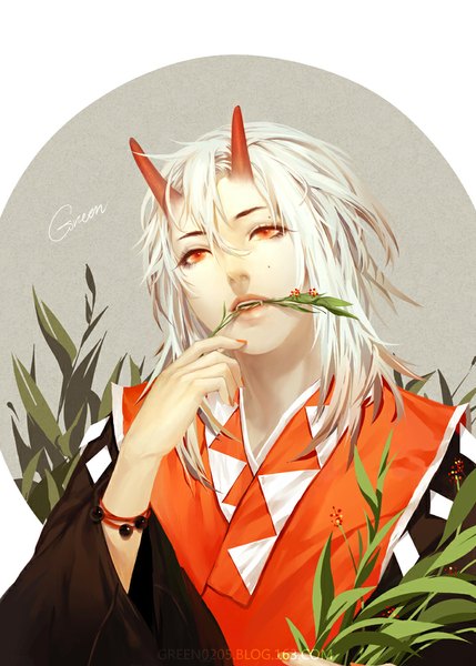 Anime picture 715x1000 with original green (pixiv) single long hair tall image red eyes holding signed white hair traditional clothes horn (horns) inscription mole teeth fang (fangs) mouth hold boy plant (plants) bracelet