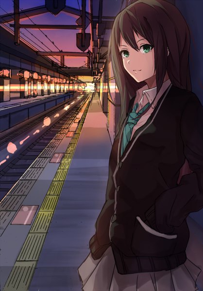 Anime picture 2092x3000 with idolmaster idolmaster cinderella girls shibuya rin akira (mr akira) single long hair tall image fringe highres brown hair standing green eyes sky profile pleated skirt evening open collar hands in pockets girl skirt