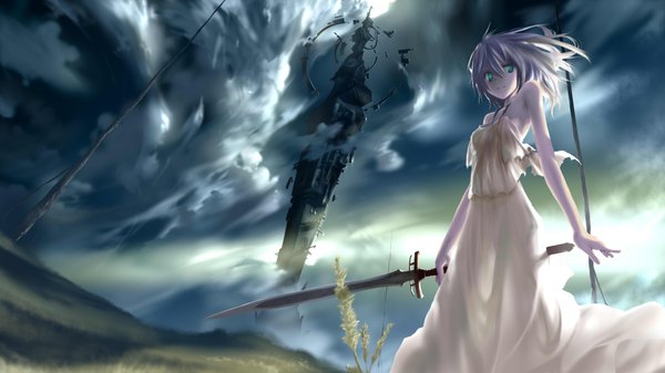 Anime picture 1920x1080 with original ssi single highres short hair wide image bare shoulders sky purple hair cloud (clouds) aqua eyes girl dress sword tower
