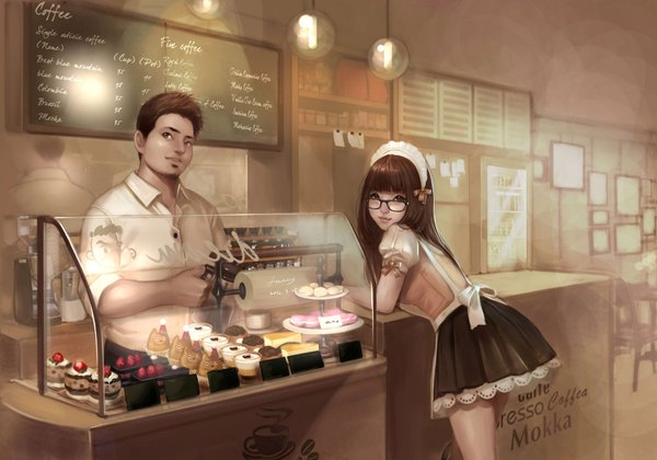 Anime picture 1500x1050 with original bobo1983 long hair looking at viewer short hair brown hair brown eyes indoors waitress price girl boy bow glasses food headdress sweets maid headdress apron berry (berries)