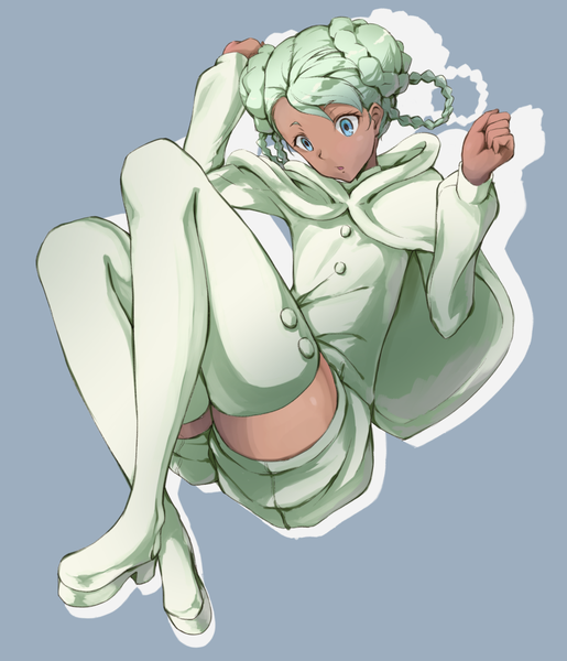 Anime picture 1378x1607 with mobile suit gundam gundam g no reconguista sunrise (studio) raraiya monday awa yume single tall image short hair blue eyes simple background braid (braids) green hair grey background :o hair bun (hair buns) looking down tan braided bun girl shorts