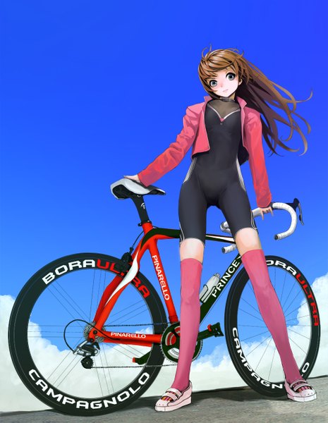 Anime picture 1000x1291 with original nishinogi single long hair tall image brown hair cloud (clouds) black eyes open clothes open jacket girl thighhighs uniform gym uniform ground vehicle bicycle