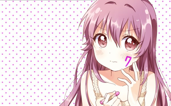 Anime picture 1314x821 with yuru yuri doga kobo sugiura ayano namori single long hair looking at viewer blush fringe hair between eyes wide image purple eyes bare shoulders holding purple hair upper body embarrassed wallpaper polka dot third-party edit