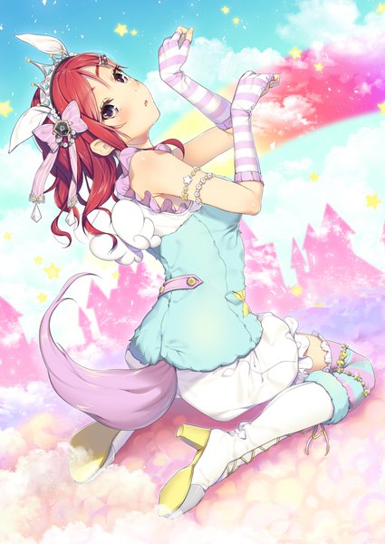 Anime picture 1253x1770 with love live! school idol project sunrise (studio) love live! nishikino maki yana mori single long hair tall image looking at viewer blush sitting brown eyes sky cloud (clouds) full body red hair tail animal tail looking back from behind