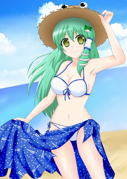 Anime picture 1220x1720 with touhou kochiya sanae kochiya hiduki (artist) single long hair tall image smile green eyes green hair beach girl hair ornament swimsuit hat bikini white bikini hair tubes snake frog