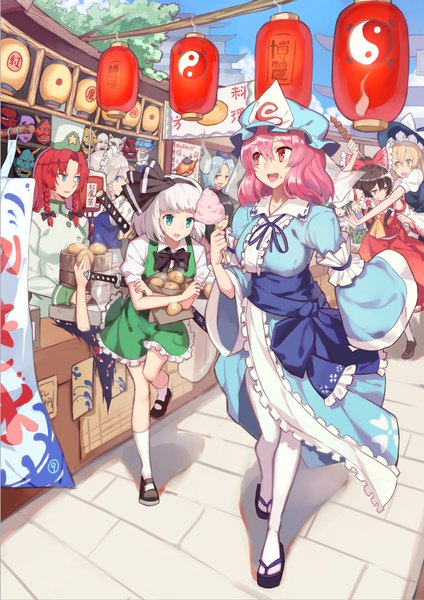 Anime picture 620x877 with touhou hakurei reimu kirisame marisa izayoi sakuya konpaku youmu yakumo yukari saigyouji yuyuko myon hong meiling yakumo ran houraisan kaguya chen yagokoro eirin mystia lorelei mystia lorelei (bird) kamiljm long hair tall image fringe short hair