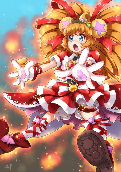 Anime picture 775x1100 with precure mahou girls precure! toei animation mofurun (mahou girls precure!) cure mofurun chocokin single long hair tall image blush fringe open mouth blue eyes payot looking away pleated skirt blurry orange hair spread legs puffy sleeves