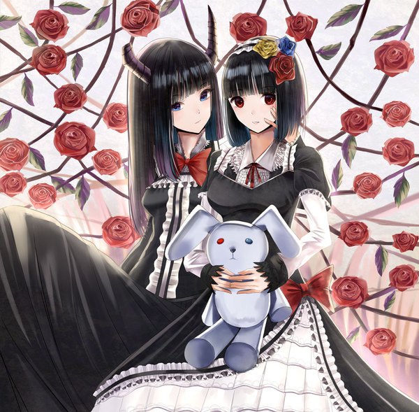 Anime picture 1500x1474 with original nicky w long hair looking at viewer fringe short hair blue eyes black hair red eyes multiple girls blunt bangs hair flower horn (horns) lolita fashion goth-loli hand on another's face girl dress flower (flowers) 2 girls