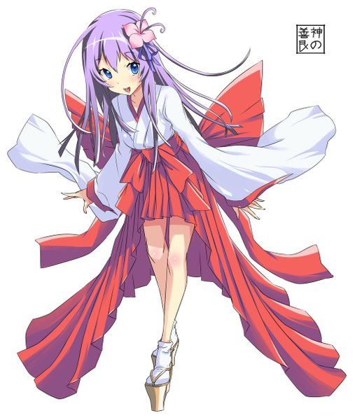 Anime picture 1024x1211 with kino kon yukino (kino kon) eudetenis single long hair tall image blush open mouth blue eyes simple background white background purple hair traditional clothes japanese clothes hair flower girl hair ornament flower (flowers) bow kimono