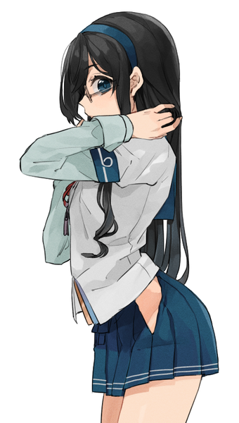 Anime picture 478x842 with kantai collection ooyodo light cruiser hita (hitapita) single long hair tall image looking at viewer blue eyes light erotic black hair simple background white background profile pleated skirt adjusting hair arched back open skirt girl skirt uniform