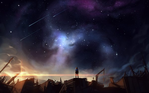 Anime picture 1200x755 with original enijoi single short hair standing sky from behind back ruins meteor rain post-apocalyptic boy star (stars)