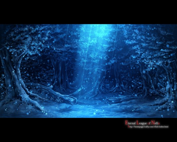 Anime picture 1280x1024 with original houkou i naka sunlight inscription night light no people landscape nature plant (plants) tree (trees) forest fireflies roots