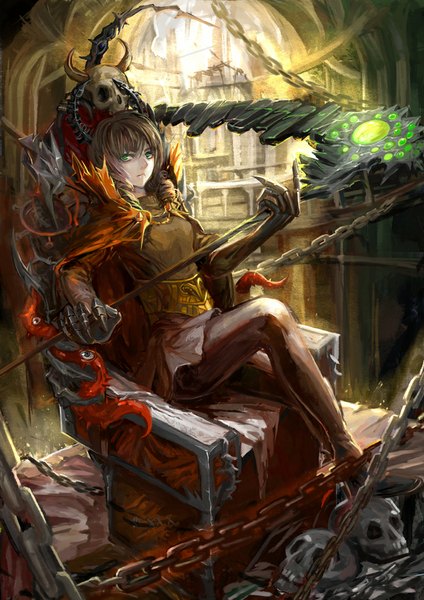 Anime picture 707x1000 with black rock shooter dead master xiezhua (amyoy) single long hair tall image looking at viewer brown hair sitting green eyes horn (horns) fingernails sunlight long fingernails skull and crossbones girl weapon cape chain cloak
