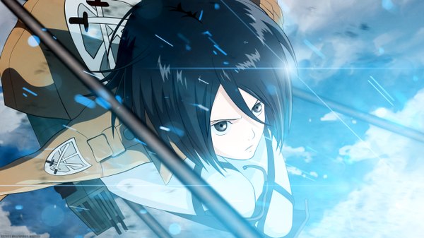 Anime picture 2560x1440 with shingeki no kyojin production i.g mikasa ackerman highres short hair black hair wide image black eyes girl jacket