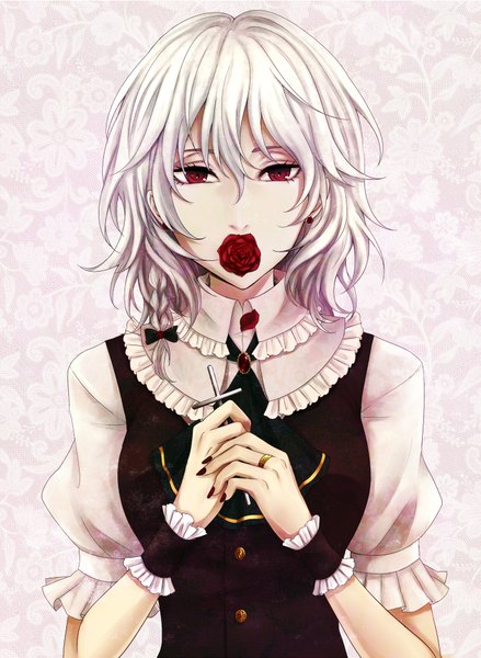 Anime picture 1367x1866 with touhou izayoi sakuya kyogoku-uru single tall image looking at viewer highres short hair red eyes silver hair braid (braids) nail polish puffy sleeves floral print close-up red nail polish girl flower (flowers) earrings petals