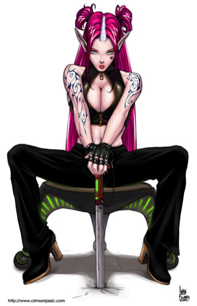 Anime picture 900x1391 with original ivan flores single long hair tall image looking at viewer highres breasts light erotic white background sitting bare shoulders green eyes pink hair cleavage horn (horns) pointy ears tattoo high heels two side up