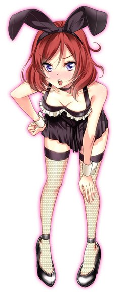 Anime picture 329x810 with love live! school idol project sunrise (studio) love live! nishikino maki hibiki pon single tall image looking at viewer blush short hair breasts light erotic simple background purple eyes animal ears cleavage red hair leaning bunny ears leaning forward