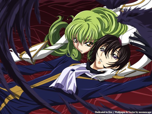 Anime picture 1600x1200 with code geass sunrise (studio) c.c. lelouch lamperouge long hair looking at viewer fringe short hair black hair purple eyes yellow eyes lying green hair wallpaper couple hand on another's head girl boy wings