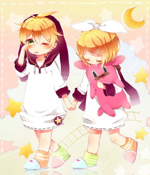 Anime picture 800x933 with vocaloid kagamine rin kagamine len niwa (ejizon) tall image blush fringe short hair open mouth blonde hair hair between eyes green eyes full body eyes closed one eye closed holding hands siblings walking twins messy hair