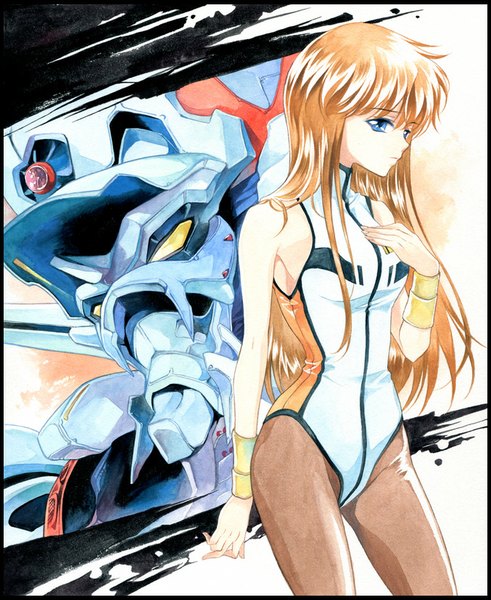 Anime picture 677x827 with dangaioh mia alice dangaioh hyper combat unit agahari single long hair tall image looking at viewer blue eyes blonde hair bare shoulders profile scan traditional media watercolor (medium) oldschool 80s pantyhose bracelet mecha