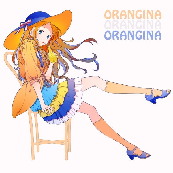 Anime picture 1200x1200 with original orangina kansou hada single long hair looking at viewer blue eyes white background sitting orange hair legs flag print france girl dress bow hat socks shoes