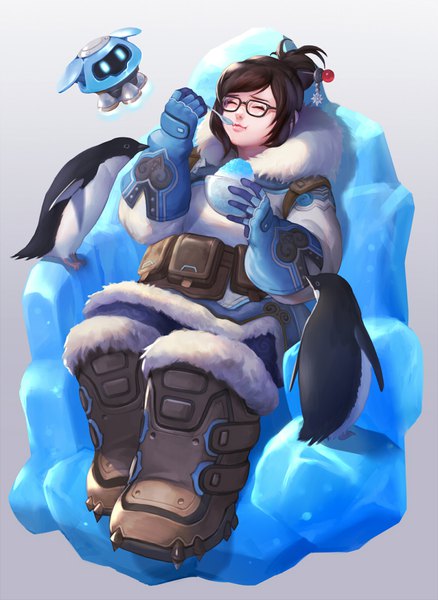 Anime picture 800x1095 with overwatch blizzard entertainment mei (overwatch) snowball (overwatch) hage2013 single tall image short hair simple background brown hair sitting holding payot full body eyes closed realistic grey background shadow hair bun (hair buns) fur trim