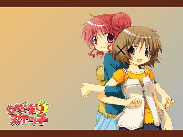Anime picture 1024x768 with hidamari sketch shaft (studio) yuno hiro aoki ume looking at viewer short hair open mouth simple background brown hair multiple girls brown eyes pink hair upper body pink eyes looking back hair bun (hair buns) copyright name brown background locked arms