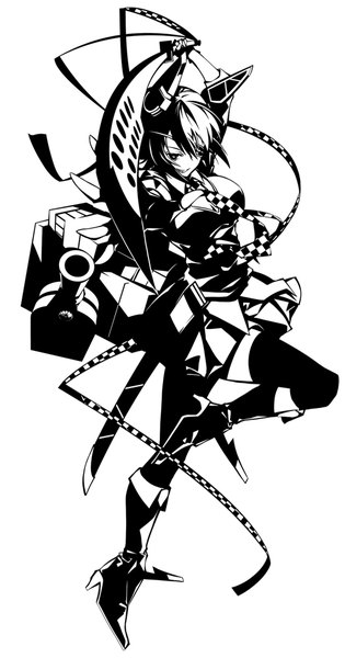 Anime picture 525x1000 with kantai collection tenryuu light cruiser tsurukame single tall image looking at viewer short hair simple background white background black eyes monochrome girl thighhighs skirt gloves weapon black thighhighs miniskirt shirt sword