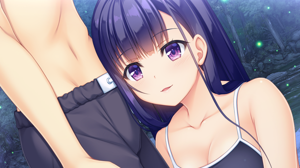 Anime picture 1280x720 with natural vacation hibiki works fujisaki haruka asami asami long hair fringe breasts light erotic wide image purple eyes game cg purple hair blunt bangs solo focus topless girl boy insect fireflies