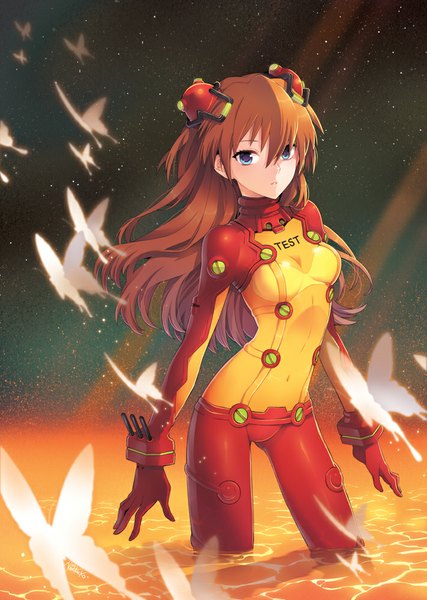 Anime picture 711x1000 with neon genesis evangelion gainax soryu asuka langley shikinami asuka langley nardack single long hair tall image looking at viewer blue eyes brown hair girl hair ornament insect butterfly bodysuit pilot suit