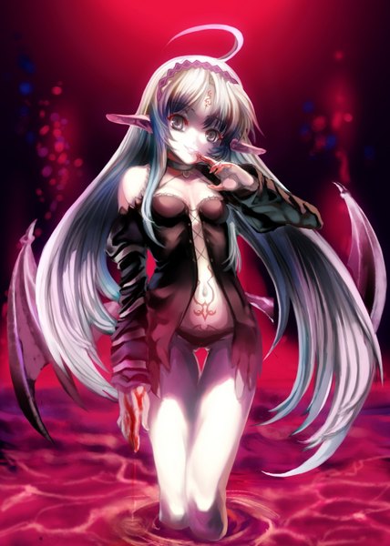 Anime picture 1000x1400 with original st.microscope single long hair tall image looking at viewer silver hair ahoge pointy ears silver eyes girl dress navel detached sleeves wings blood