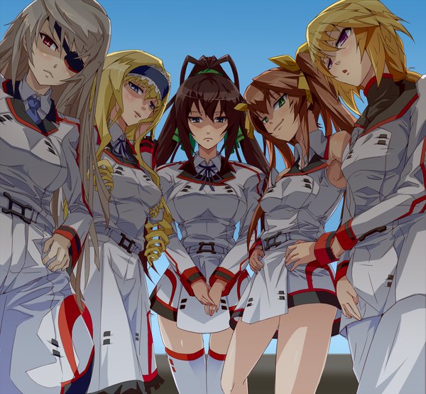 Anime picture 1200x1108 with infinite stratos 8bit charles dunois laura bodewig cecilia orcott shinonono houki fang linyin hiropon pj (artist) long hair short hair blue eyes blonde hair red eyes brown hair purple eyes twintails multiple girls green eyes silver hair ponytail