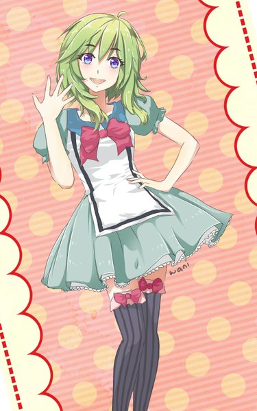 Anime picture 1000x1600 with vocaloid gumi aixu izumi single tall image looking at viewer blush short hair open mouth blue eyes smile signed green hair puffy sleeves hand on hip girl thighhighs dress bow short dress