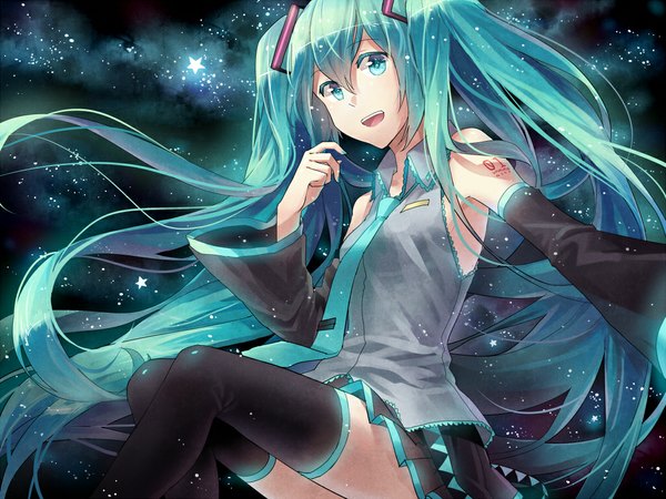 Anime picture 1024x768 with vocaloid hatsune miku rella open mouth bare shoulders very long hair nail polish aqua eyes aqua hair girl skirt detached sleeves necktie thigh boots