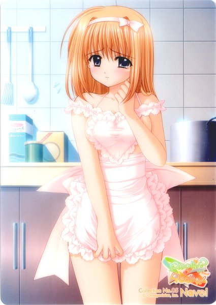 Anime picture 1527x2154 with shuffle! fuyou kaede single tall image looking at viewer blush short hair blue eyes light erotic standing orange hair tears naked apron girl bow hair bow hairband