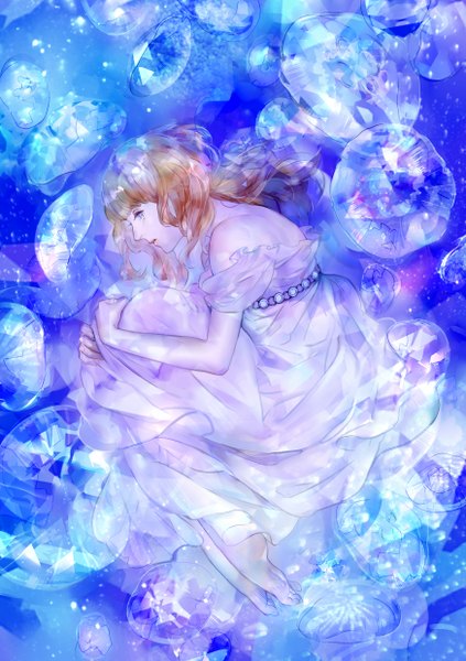 Anime picture 1748x2480 with original saiga tokihito single long hair tall image fringe highres blonde hair bare shoulders looking away barefoot grey eyes no shoes hug underwater girl dress water white dress bubble (bubbles)