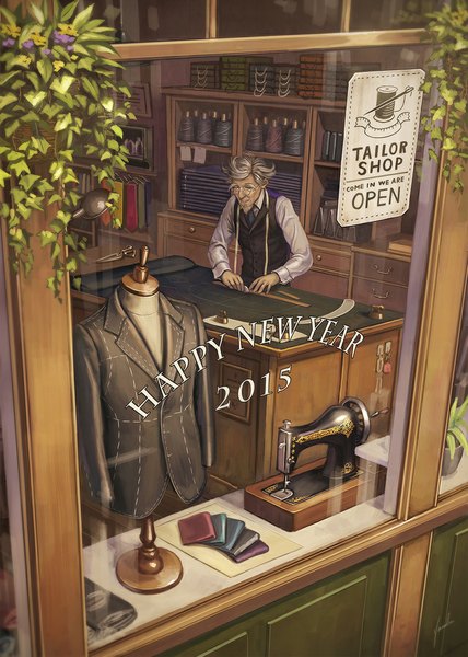 Anime picture 800x1120 with original anbe yoshirou single tall image short hair indoors grey hair new year happy new year 2015 old man boy plant (plants) glasses necktie window vest table suit beard