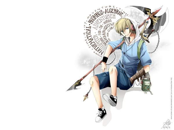Anime picture 1435x1076 with adventure time finn the human bmo hylian-of-ooo (artist) single looking at viewer short hair blue eyes blonde hair sitting signed inscription hand in pocket weapon over shoulder boy weapon sword shorts headphones hood
