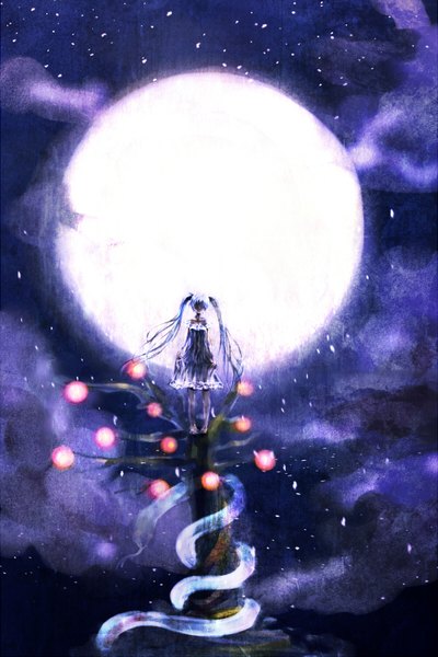 Anime picture 1000x1500 with vocaloid hatsune miku single tall image fringe standing twintails cloud (clouds) very long hair barefoot aqua hair night alternate costume hollow girl dress plant (plants) tree (trees) moon full moon