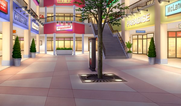Anime picture 1024x600 with imouto paradise! wide image game cg light no people plant (plants) tree (trees) stairs shop