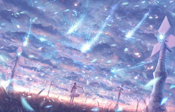 Anime picture 1120x720 with original bounin single long hair standing sky cloud (clouds) braid (braids) wind from behind single braid horizon fantasy glow field girl plant (plants) grass
