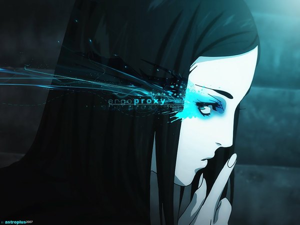 Anime picture 1024x768 with ergo proxy re-l mayer single long hair looking at viewer fringe black hair profile glowing glowing eye (eyes) pale skin girl